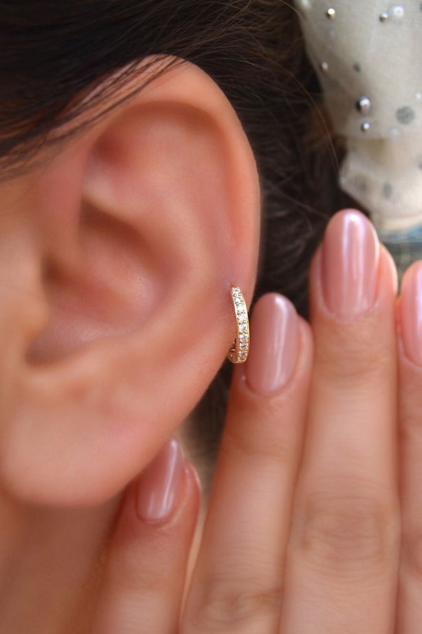 Taşlı İnce Halka Piercing Forward Helix Kıkırdak Lob Helix Zirkon Taşlı Piercing Küpe - 1