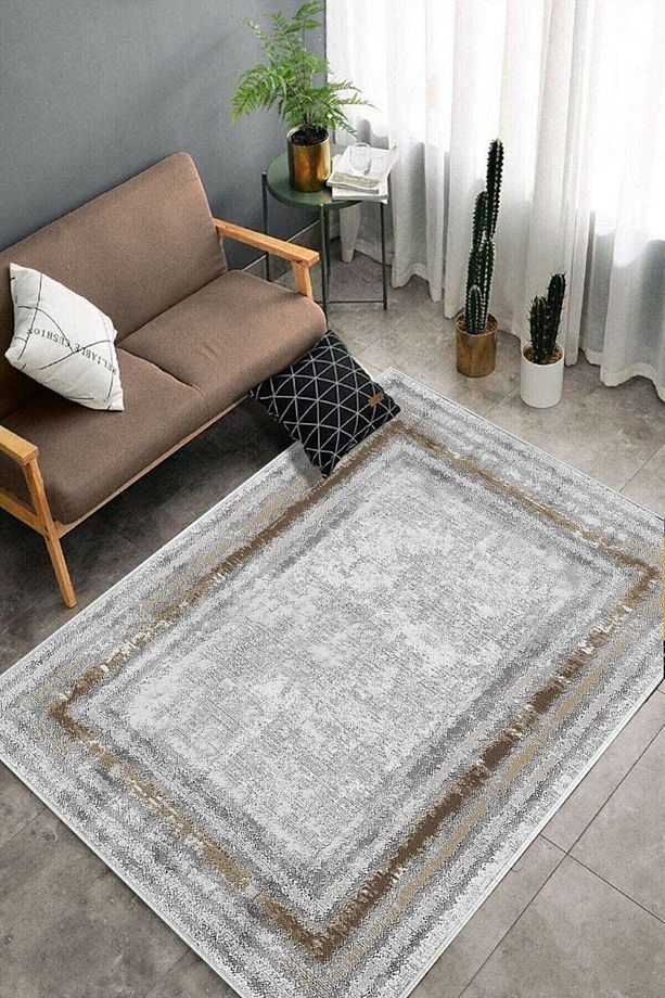 Makinede Yıkanabilir Leke Tutmaz Gri-kahve Pvc Deri Kaymaz Taban Eternity Salon Saçaksız Halı B1215 - 4