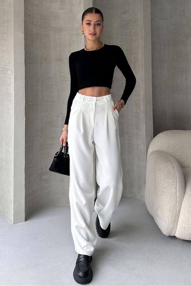 Lima Beyaz Pantolon Çımalı Oversize Kesim - 3