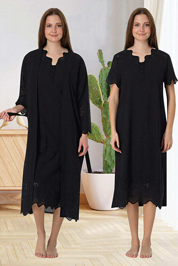 Ecru Scalloped Cotton Lined Maternity Nightgown Set with Dressing Gown Effortt 9020