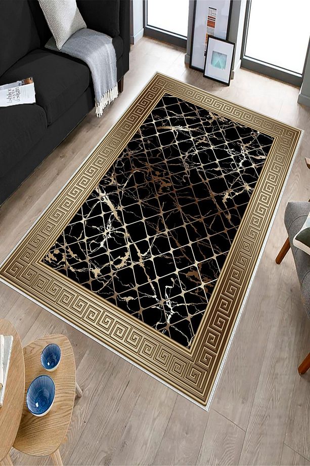 Makinede Yıkababilir Leke Tutmaz Vizon-siyah Deko Deri Kaymaz Taban Versace Salon Saçaksız Halı B12 - 3