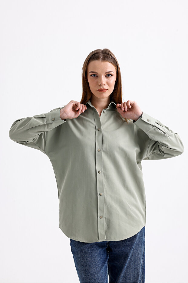 Oversize Uzun Basic Gömlek - Açık Yeşil - 1