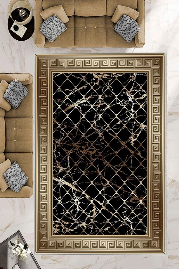 Makinede Yıkababilir Leke Tutmaz Vizon-siyah Deko Deri Kaymaz Taban Versace Salon Saçaksız Halı B12 - 1