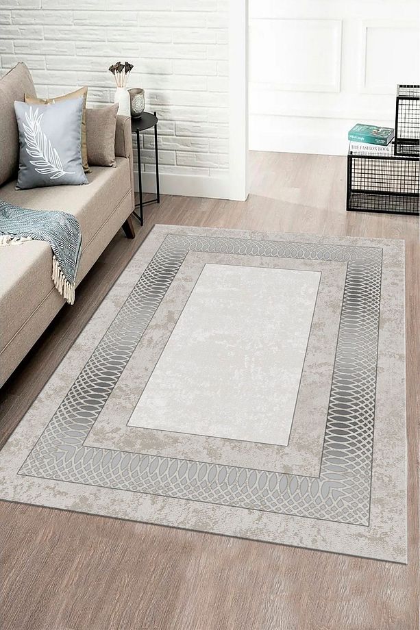 Makinede Yıkanabilir Leke Tutmaz Vizon-gümüş Modern Çerçeve Desen Halı B1320 - 1