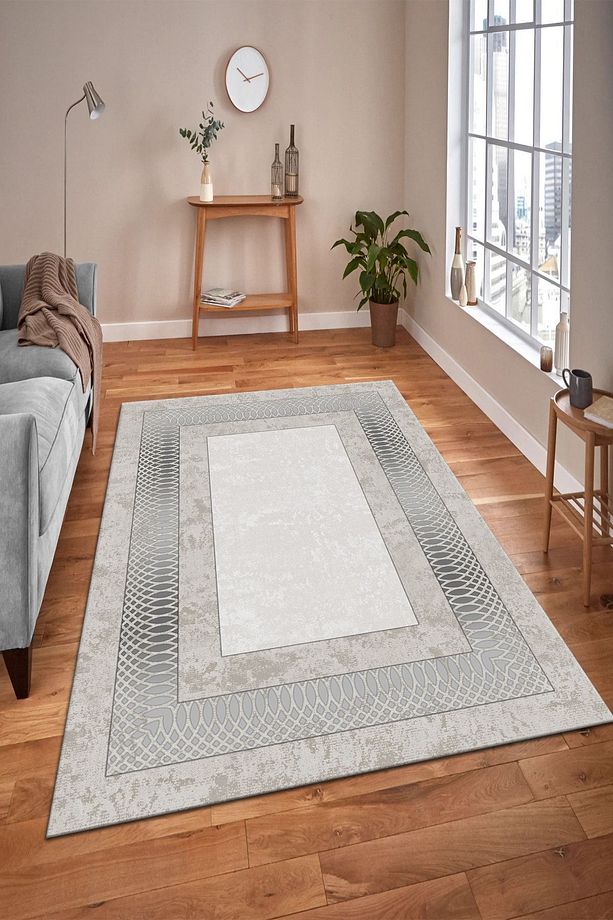 Makinede Yıkanabilir Leke Tutmaz Vizon-gümüş Modern Çerçeve Desen Halı B1320 - 3