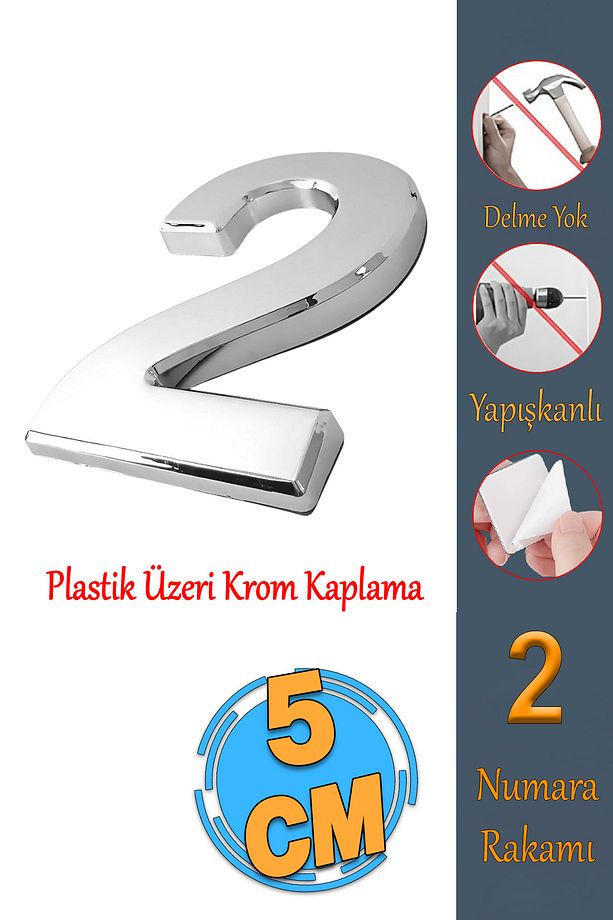 Yapışkanlı Numara 2 Rakam İki Sayısı Kapı Numarası Küçük Boy 50 mm 5 cm Krom Renk Numaralar 1 Adet - 1
