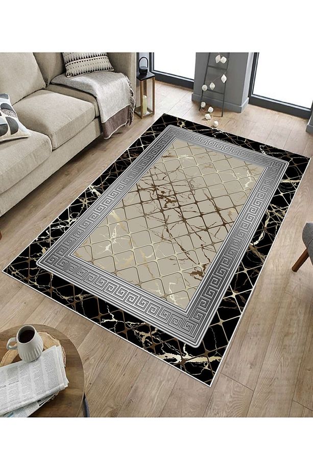 Makinede Yıkababilir Leke Tutmaz Siyah-gri Pvc Deri Kaymaz Taban Versace Salon Saçaksız Halı B1278- - 5