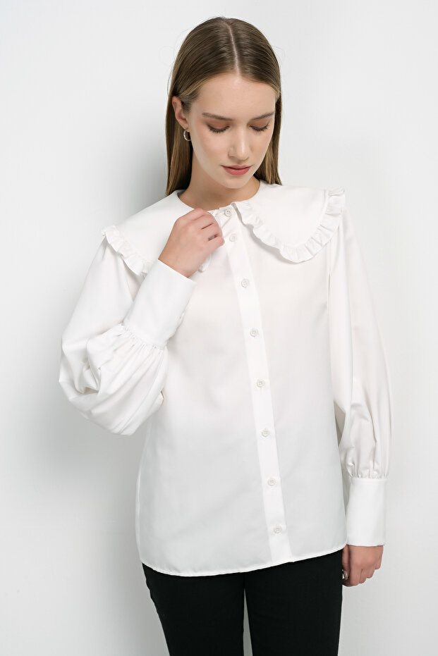 Fırfır Yaka Basic Beyaz Gömlek - 4