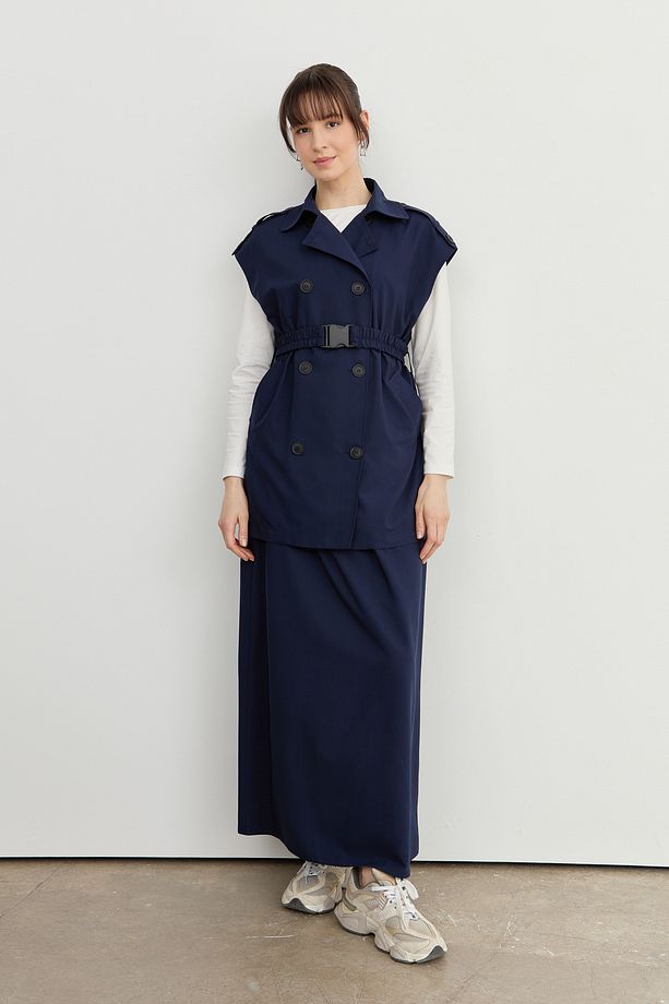 Oversize Kemerli Midi Yelek Lacivert - 6