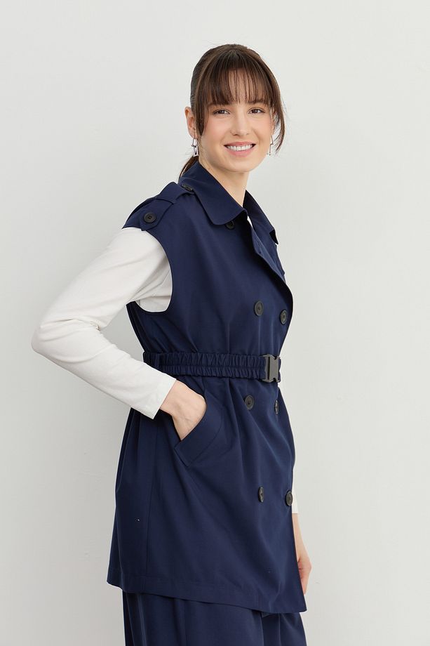 Oversize Kemerli Midi Yelek Lacivert - 4