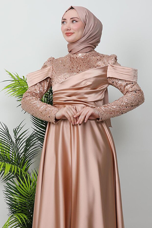 Kolu Drapeli Pullu Abiye Gold - 6