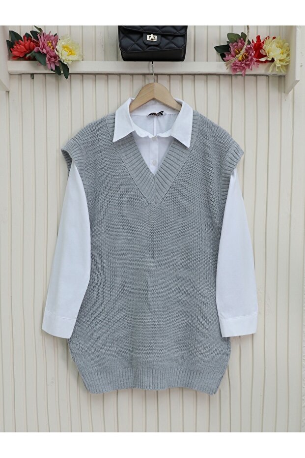 V-Neck Wide Ribbed Solid Knitted Long Sweater - Gray - 2