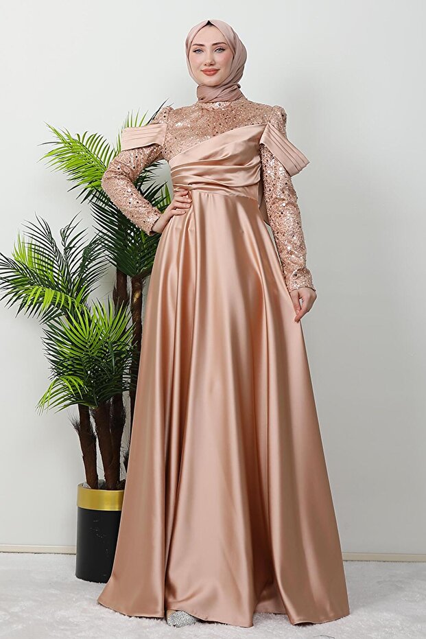 Kolu Drapeli Pullu Abiye Gold - 4