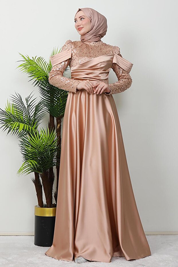 Kolu Drapeli Pullu Abiye Gold - 5