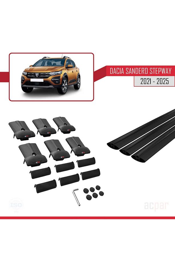 Dacia Sandero Stepway 3 2021 ve Sonrası ile Uyumlu FLY Model Ara Atkı Tavan Barı Siyah 2 Adet - 5