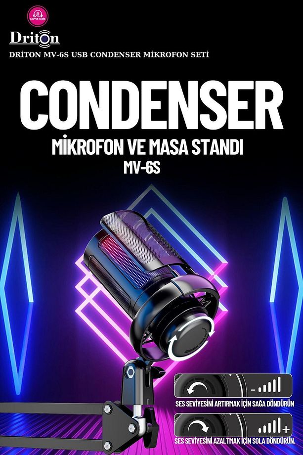 Driton Youtuber Mikrofon Mv-6s Siyah Rgb Usb Oyuncu Yayıncı Ve Podcast Condenser Mikrofon Seti - 4
