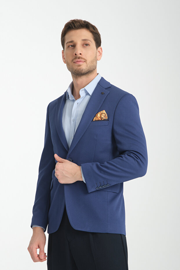 Bortolo Men's Navy Blue Knitted Stretching Lycra Mono Collar Slim Fit Sports Blazer Jacket