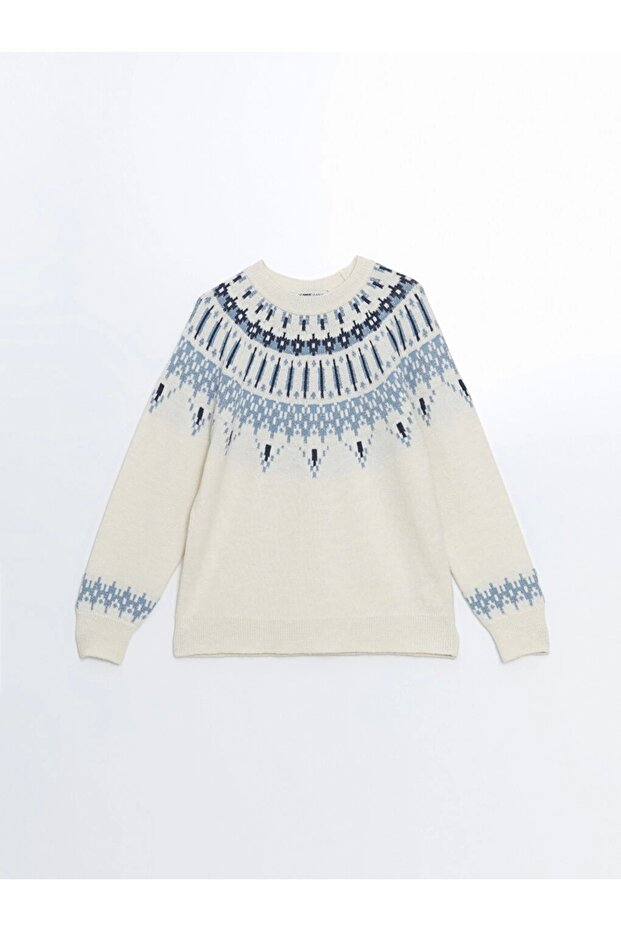 Lcwaıkıkı Basic Ekru Bisiklet Yaka Desenli Kadın Triko Kazak - 5