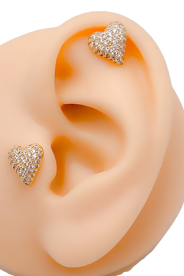 Cerrahi Çelik Piercing Full Zirkon Kaplı Bombeli Kalp Figürlü Kıkırdak Helix Tragus Piercing(1adet) - 1