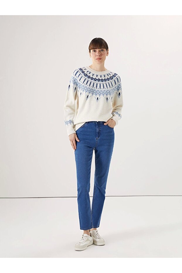 Lcwaıkıkı Basic Ekru Bisiklet Yaka Desenli Kadın Triko Kazak - 2