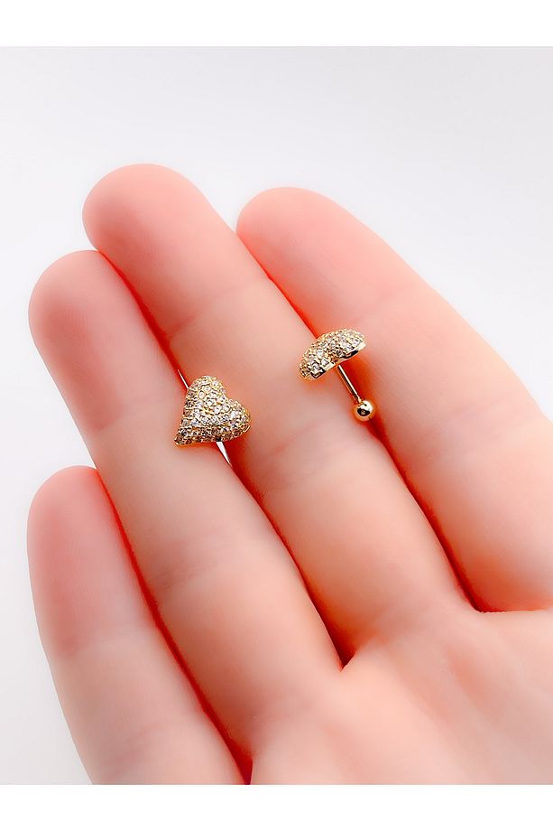 Cerrahi Çelik Piercing Full Zirkon Kaplı Bombeli Kalp Figürlü Kıkırdak Helix Tragus Piercing(1adet) - 3