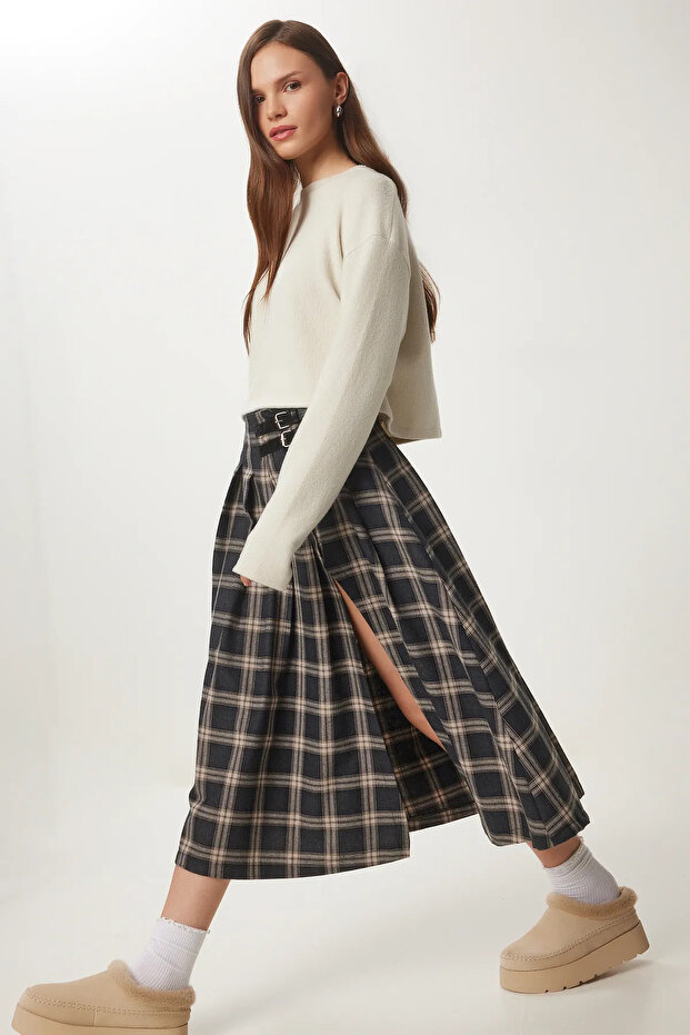 Front Slit Plaid Patterned Belted Skirt - 1