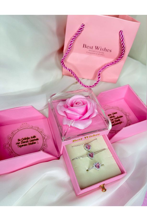 925ayar Gümüş Pandora’s Pembe Taşlı Kalpli Set - Özel Gül Takı Kutusu İle Birlikte - 4