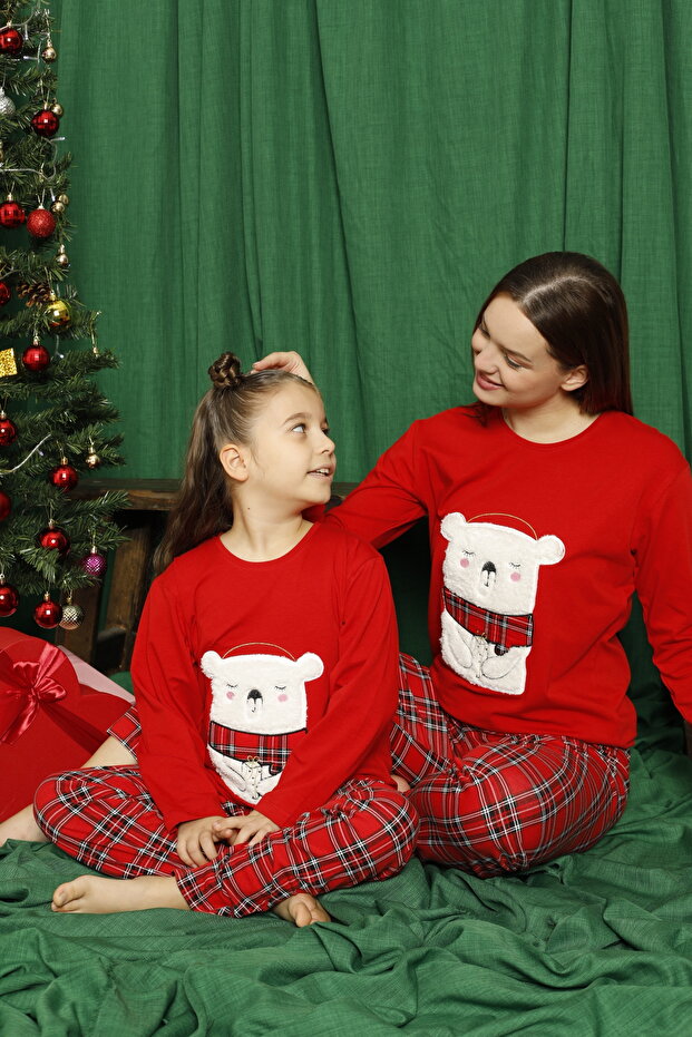 Kırmızı Ayı Desenli Pamuklu Likralı Pijama Takım - 1