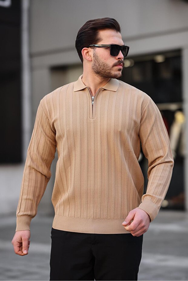 Kamel Honeycomb Textured Ribbed Polo Collar Knit Sweater - 2445