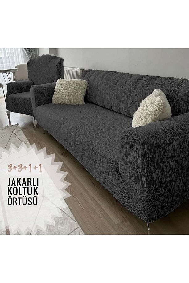 Jakarlı 3 3 1 1 Lastikli Kanepe Örtüsü | Lastikli Koltuk Örtüsü | Koltuk Kılıfı Takımı - 1