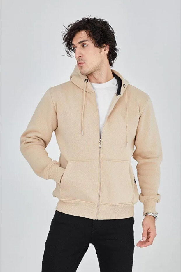 Beige Men's Cardigan - Hooded and Plain Zipper
