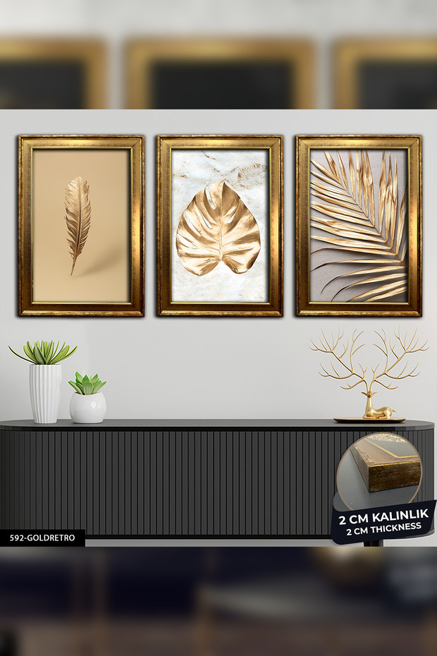 Yapraklar Gold 3 Parça Çerçeveli Tablo CVPLK - 3