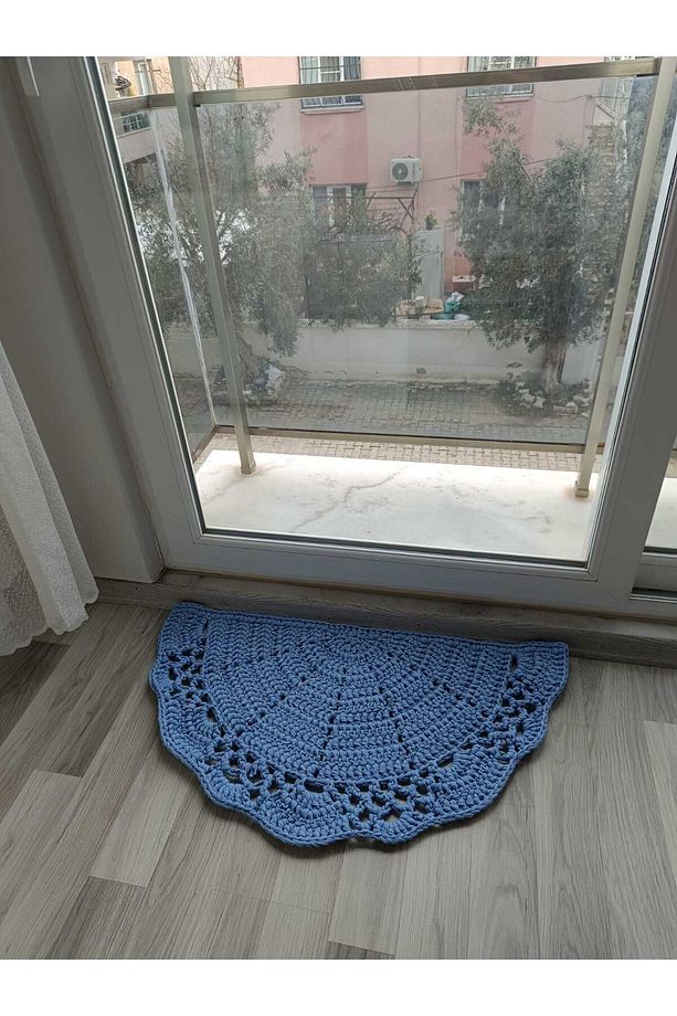 Buz Mavisi (90X45) %100 El Örgüsü Balkon/ Kapı Önü Yarım Ay Paspas - 2