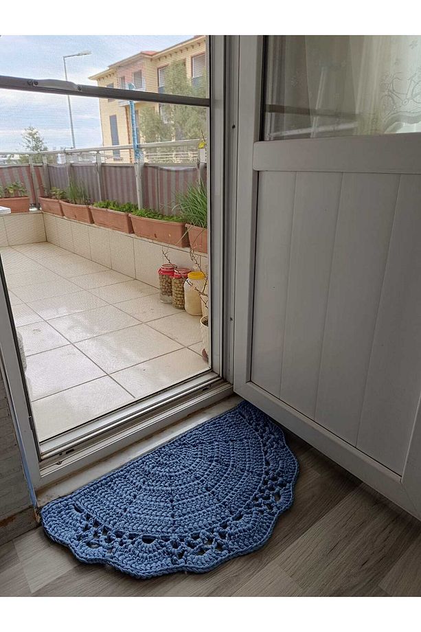 Buz Mavisi (90X45) %100 El Örgüsü Balkon/ Kapı Önü Yarım Ay Paspas - 6