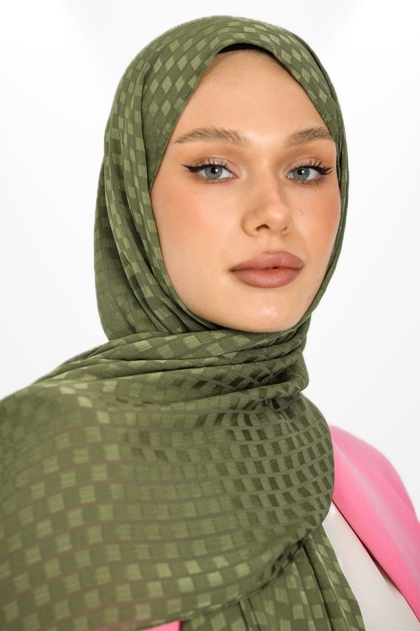 İthal Jakar Krep Kare Detaylı Abiye Özel Gün Şalı - New Collections - New Creation - Haki - 1