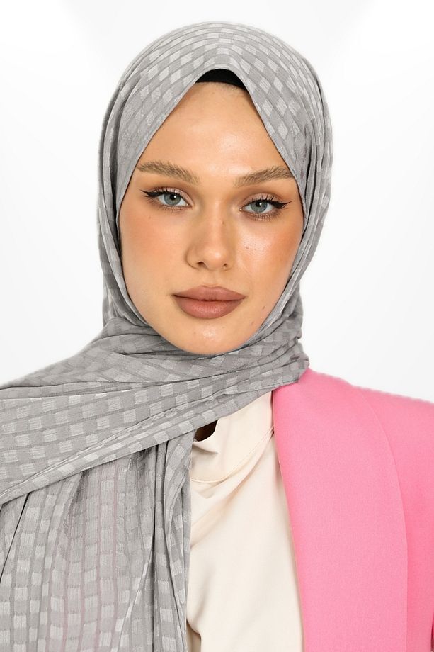 İthal Jakar Krep Kare Detaylı Abiye Özel Gün Şalı - New Collections - New Creation - Gri - 3