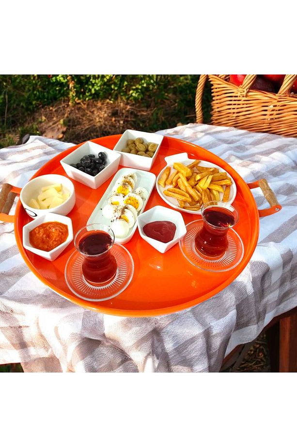Ahşap Kulplu 50 Cm Yuvarlak Metal Tepsi Kahvaltı Çay Kahve Sunum Tepsisi - 1