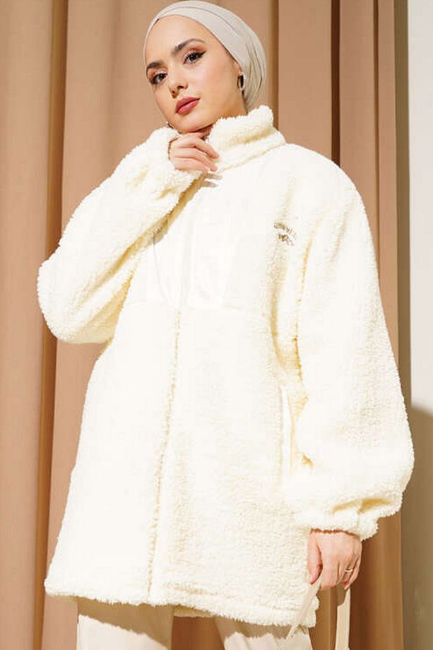 5208 Tesettür Peluş Mont - Ekru - 1