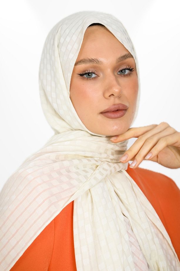 İthal Jakar Krep Kare Detaylı Abiye Özel Gün Şalı - New Collections - New Creation - Krem - 4