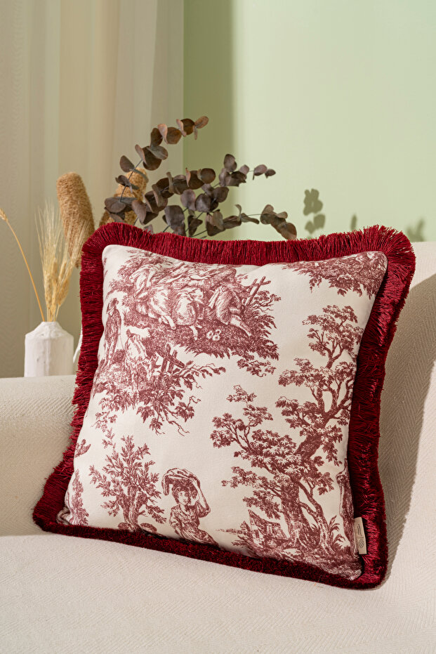Burgundy Tufted English Peasants Patterned Decorative 43X43Cm Square Throw Pillow Cover