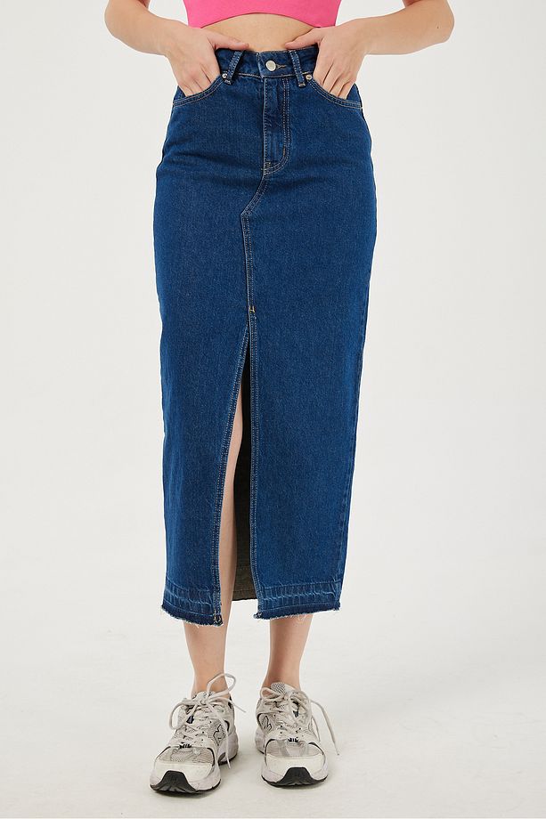 Kadın Yırtmaç Detaylı Bilek Üstü Yüksek Bel Denim Etek Lacivert - 1