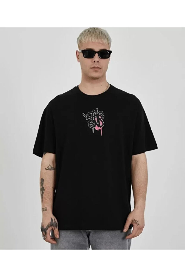 Unisex Crew Neck Printed Oversize T-Shirt - Black
