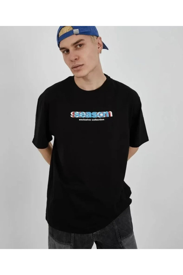 Unisex Crew Neck Printed Oversize T-Shirt - Black