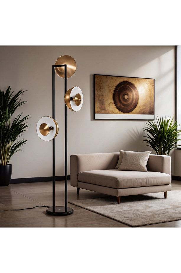 Sarthe Özel Tasarım Siyah-Eskitme Metal Mat Gold Tek Ayaklı Lambader, Salon Lambader - 3