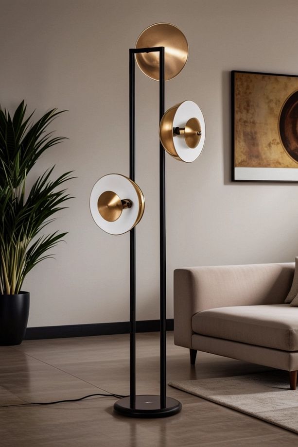Sarthe Özel Tasarım Siyah-Eskitme Metal Mat Gold Tek Ayaklı Lambader, Salon Lambader - 1
