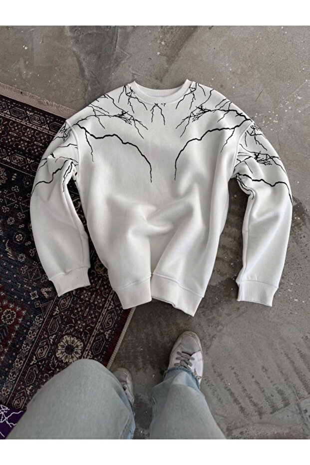 White Crew Neck Lightning Printed Sweatshirt
