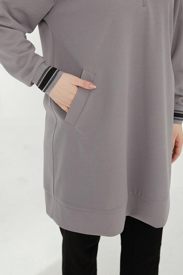 Çift Cepli Yarım Fermuarlı Tunik - Gri - 5