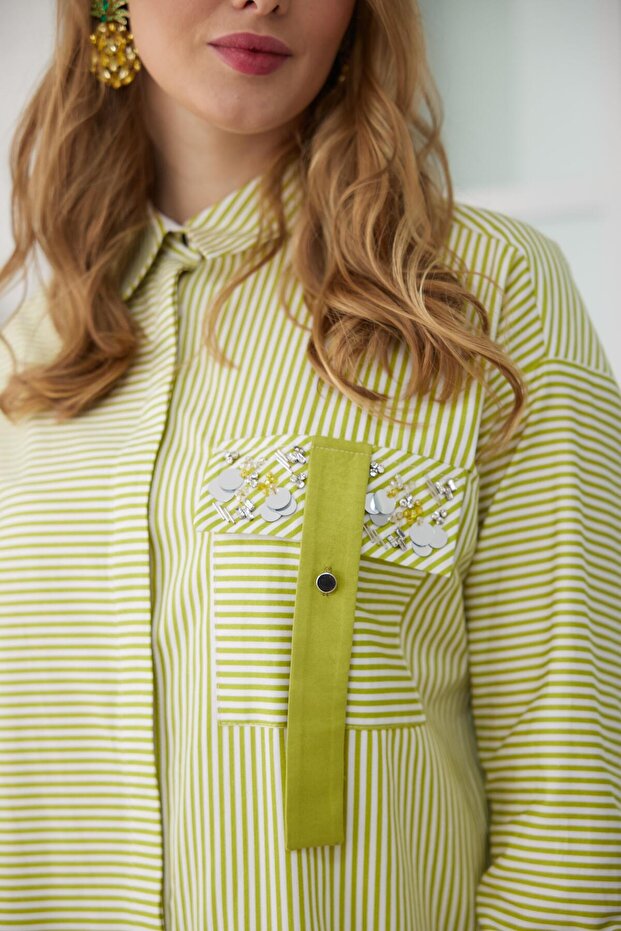 Cebi Pullu Çizgili Gömlek - Asit Sarısı - 5