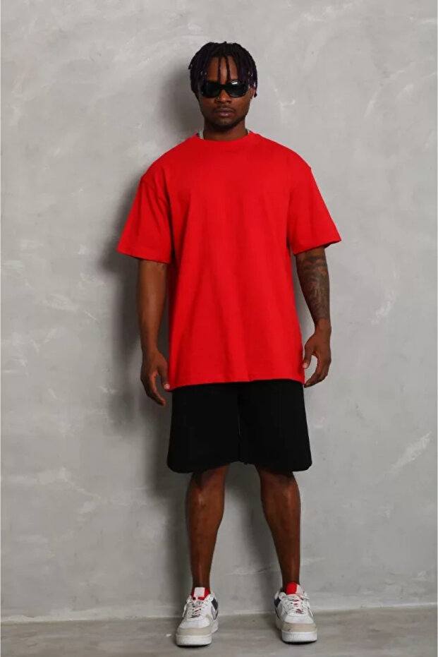 Unisex Oversize Plain Crew Neck T-Shirt - Red