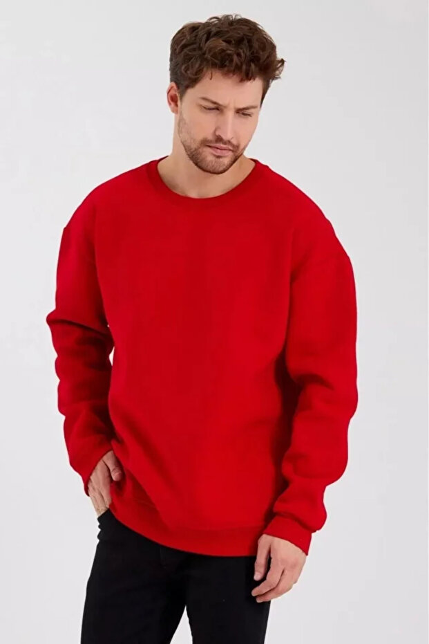 Men's Solid Color Crew Neck Sweat - Red